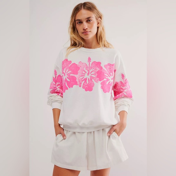 Free People Tops - Free People x Tricia Fix Hibiscus Crew Sweatshirt Large hot pink floral Hawaiian